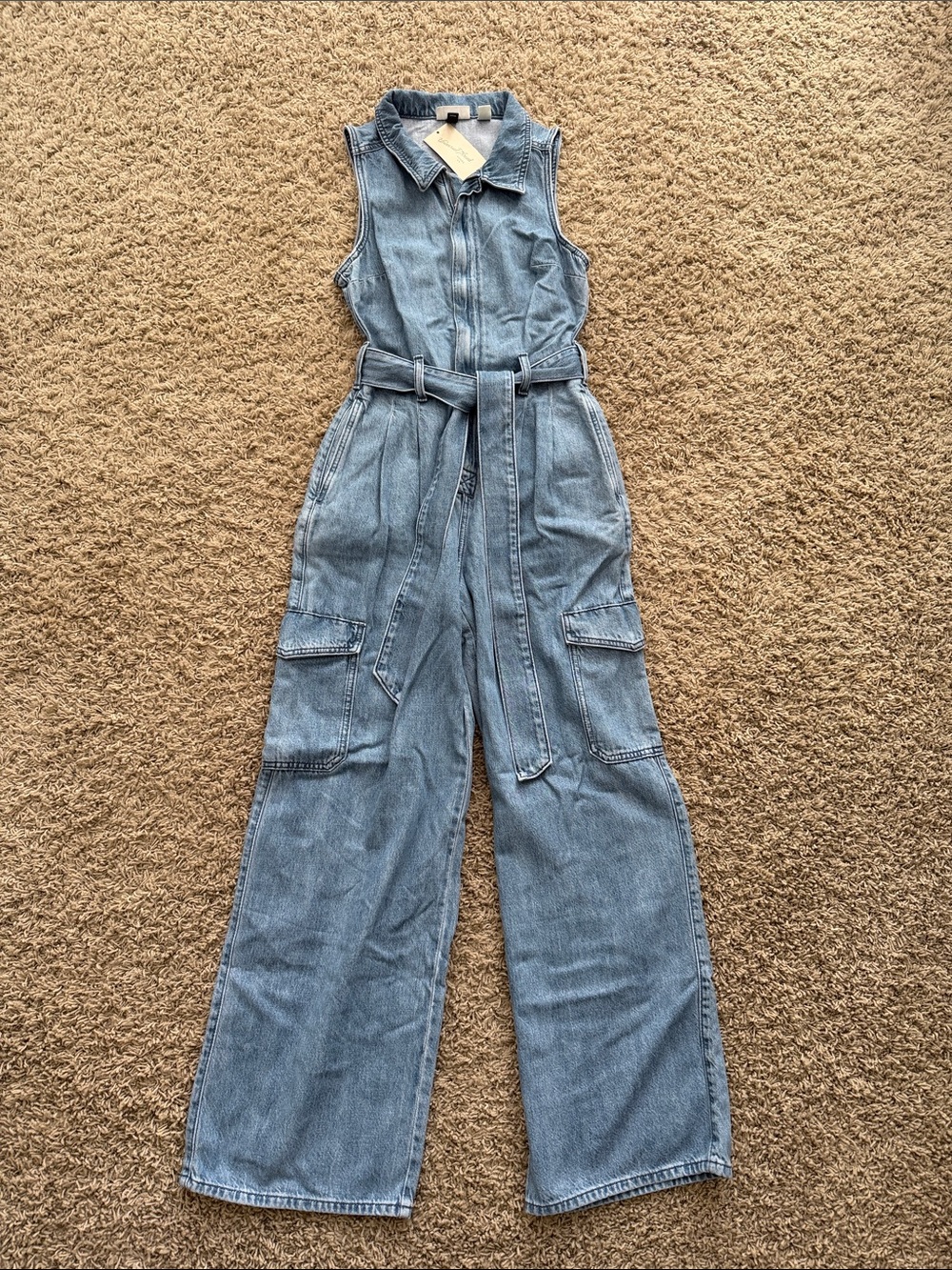 Sleeveless Light Blue Denim Jumpsuit with Belt